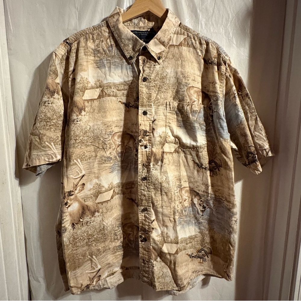 North River Outfitters Men’s Shirt Sz Large Deer Scene Brown Button Down Camp‎